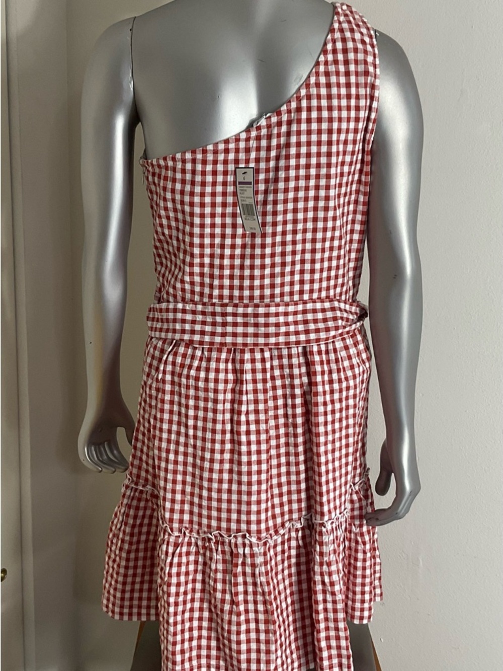 NWT crown & ivy red gingham one-shoulder ruffle dress size 6 new - Picture 3 of 8